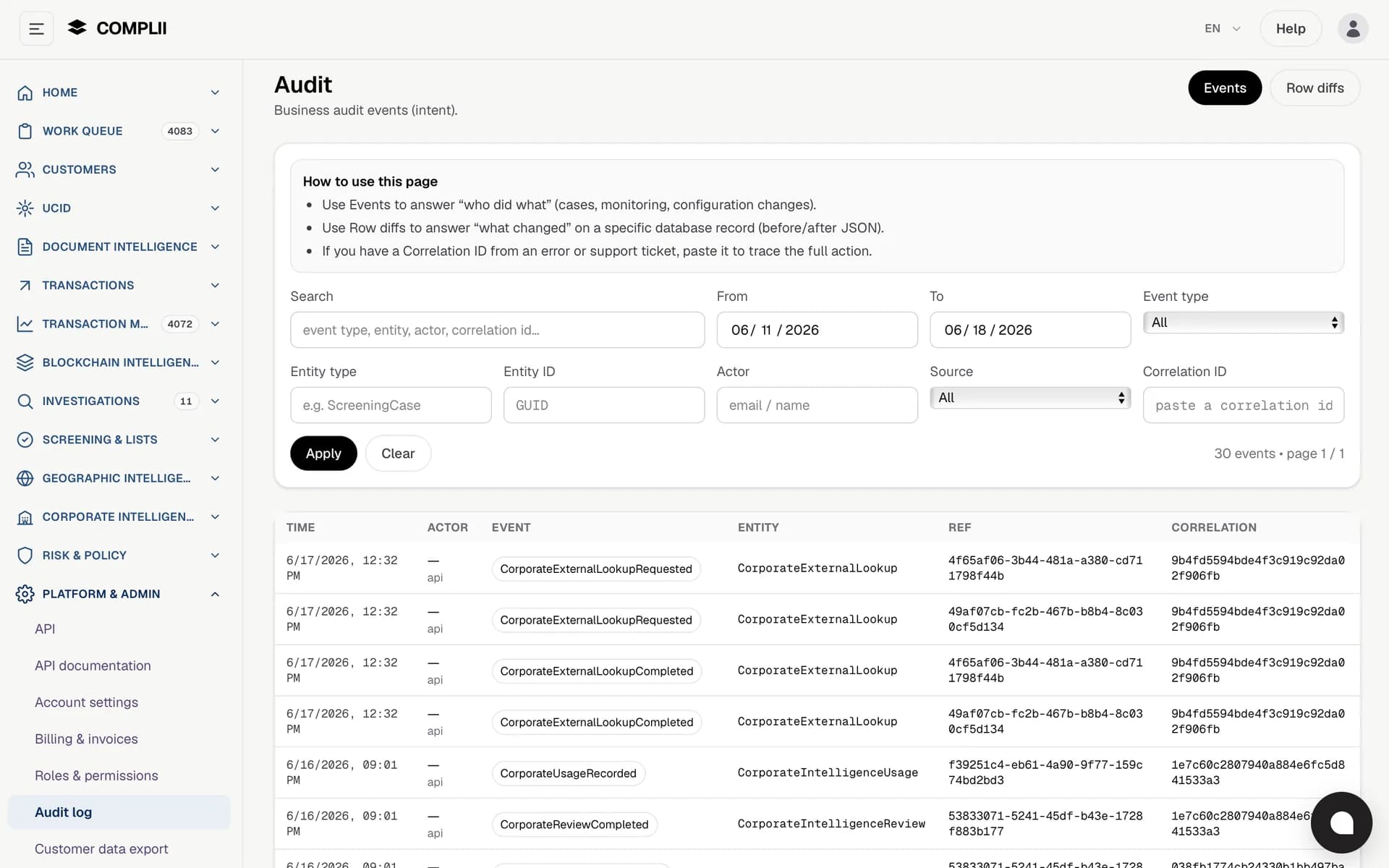 Complii audit trail and compliance exports